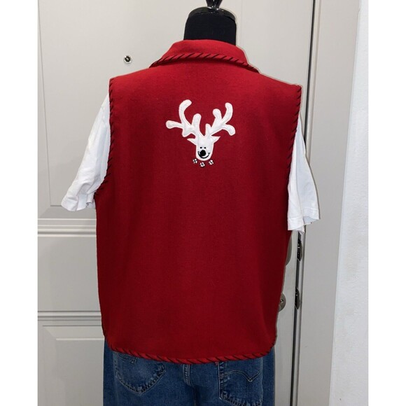 Life Style Red Christmas Vest Reindeer Appliques Full Zip Wool Women's LARGE - Picture 2 of 16